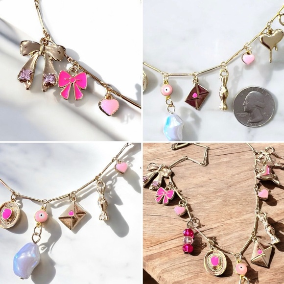 Pink bows and love charms charm necklace. Gold toned delicate chain 15.5”-17.5” - Picture 11 of 16